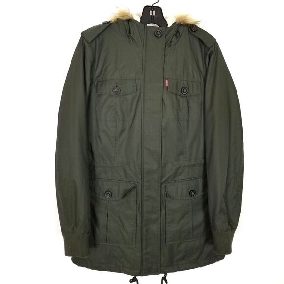 Levis Jacket Womens  Green Faux Fur Hooded Sherpa Lined Nylon Parka Sz M - Picture 1 of 11